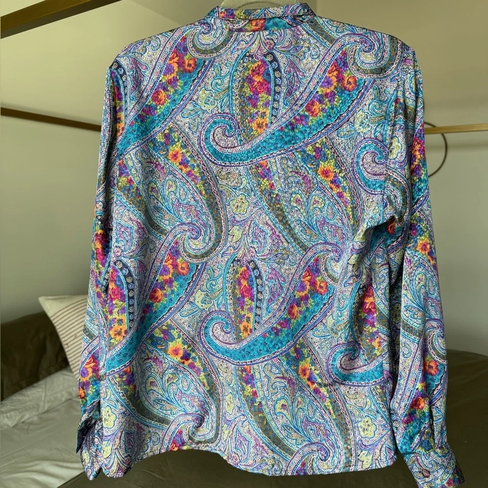 Vintage Paisley Button Up Blouse Purple Shirt M 10 Boho Office-Core 70s 80s 90s - Picture 2 of 5